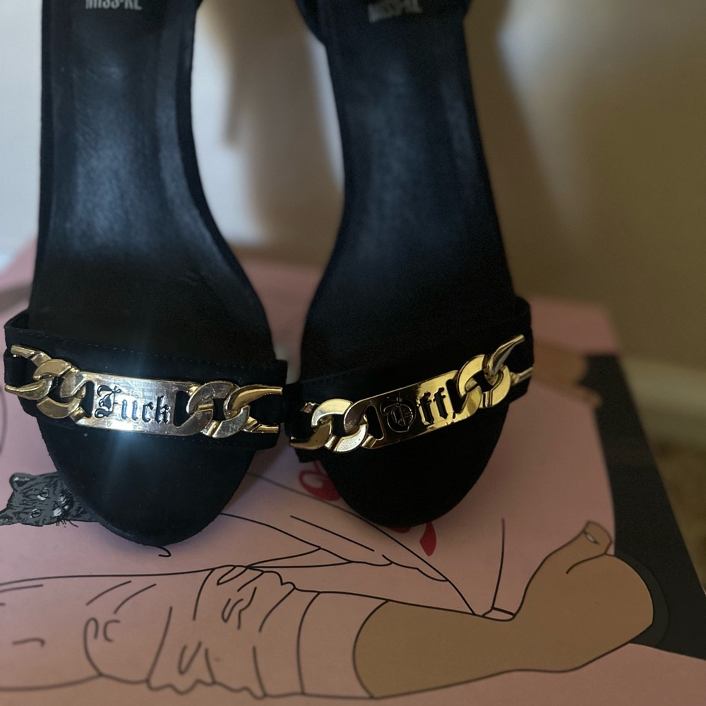 Jeffrey Campbell Black “F*** Off” Gold Chain Heels